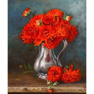 Colette Privat (1935) / Still Life With Red Flowers / Oil On Canvas