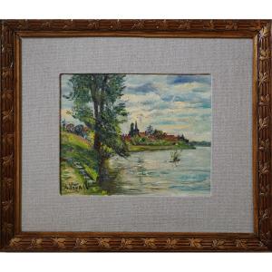 ANDRÉ-LÉON VIVREL (1886-1976) / "SÉRÉNITÉ EN BORDURE D'EAU" / huile sur panneau entoilé 