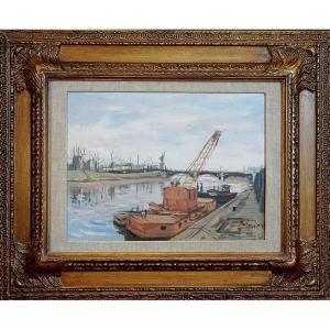 PARIS ANNÉES 20 / PONT DE GRENELLE / ÎLE DES CYGNES / F-M SALVAT (1892-1976) / huile