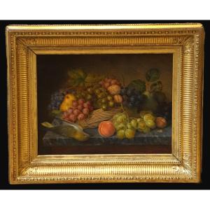 Dated 1862 / Autumn Vanitas With A Basket Of Fruit And A European Greenfinch / Hst
