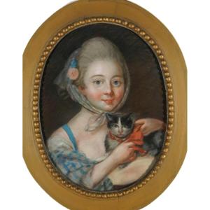 Circa 1750 / JEUNE FILLE AU CHAT – PASTEL DU XVIIIᵉ SIÈCLE