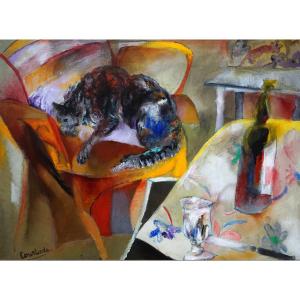 LE CHAT SUR LE FAUTEUIL / JACQUES COURTADE (1922–1994) / huile sur toile