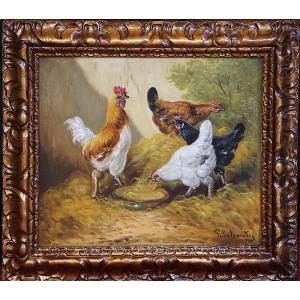 PAUL SCHOUTEN (1860-1922) / BASSE-COUR FLAMANDE AUX POULES ET COQ / huile sur toile