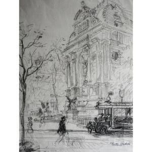 PARIS 1920 – PLACE SAINT-MICHEL PAR EUGÈNE VÉDER (1876-1936) / dessin