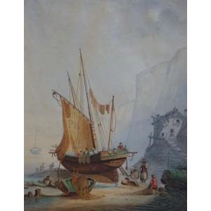 ANNÉE 1854 / RETOUR DE PÊCHE SUR LA GRÈVE / AQUARELLE