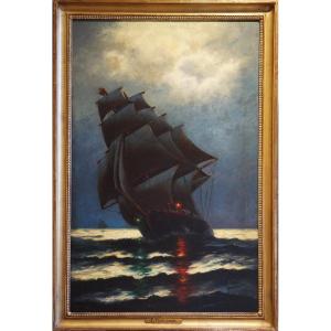 VOILIER EN MER PAR CLAIR DE LUNE / EDWARD F. D. PRITCHARD (1809-1905) / huile sur toile