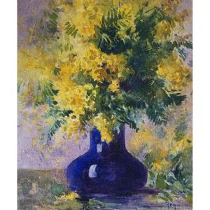 ÉCOLE DE MUROL-AUVERGNE / ADOLPHE REY (1863-1944)  / BOUQUET DE MIMOSA AU VASE BLEU 