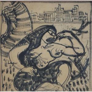 Celso Lagar Arroyo (1891–1966) / Reclining Female Nude With A Falling Figure / India Ink
