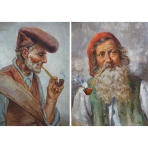 ÉCOLE ITALIENNE FIN XIXe / VIALA / DUO DE PORTRAITS D’HOMMES À LA PIPE / hst