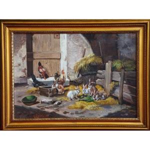 Clovis Frédérick Terraire (1858–1931) / The Backyard With Chickens And Rabbits /  Hst