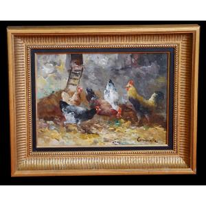 19th-century Belgian School / Hens In A Chicken Coop / Edmond Van Coppenolle (1843/1846–1915) / Hst