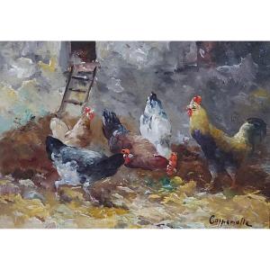 19th-century Belgian School / Hens In A Chicken Coop / Edmond Van Coppenolle (1843/1846–1915) / Hst