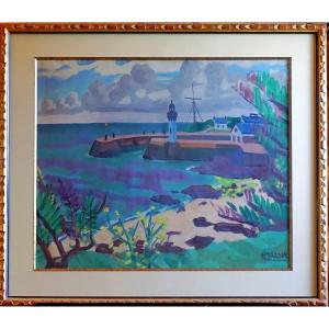 BRETAGNE / HENRY MARROT (1887-1964) / PHARE ET PORT BRETON / gouache