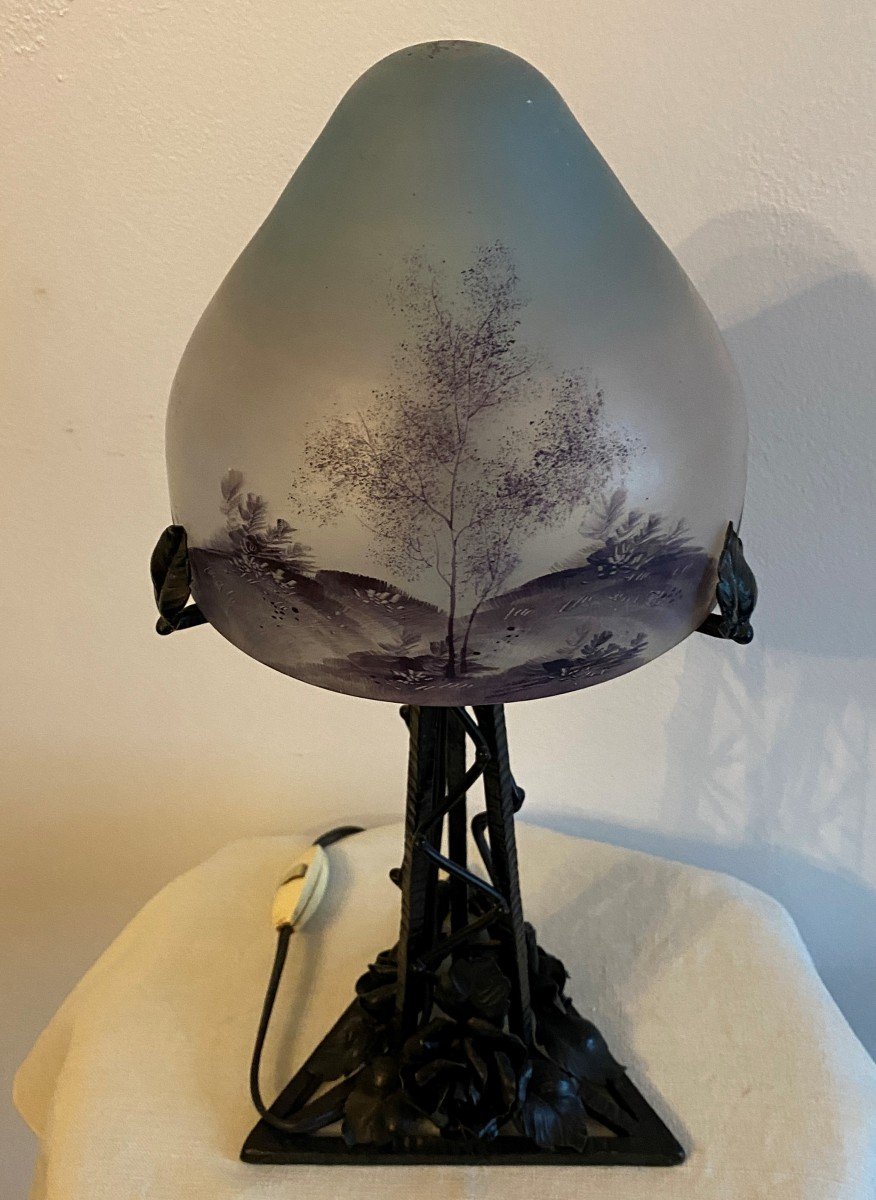 Art Deco Wrought Iron Lamp And Painted Glass Dome Twentieth Century-photo-1
