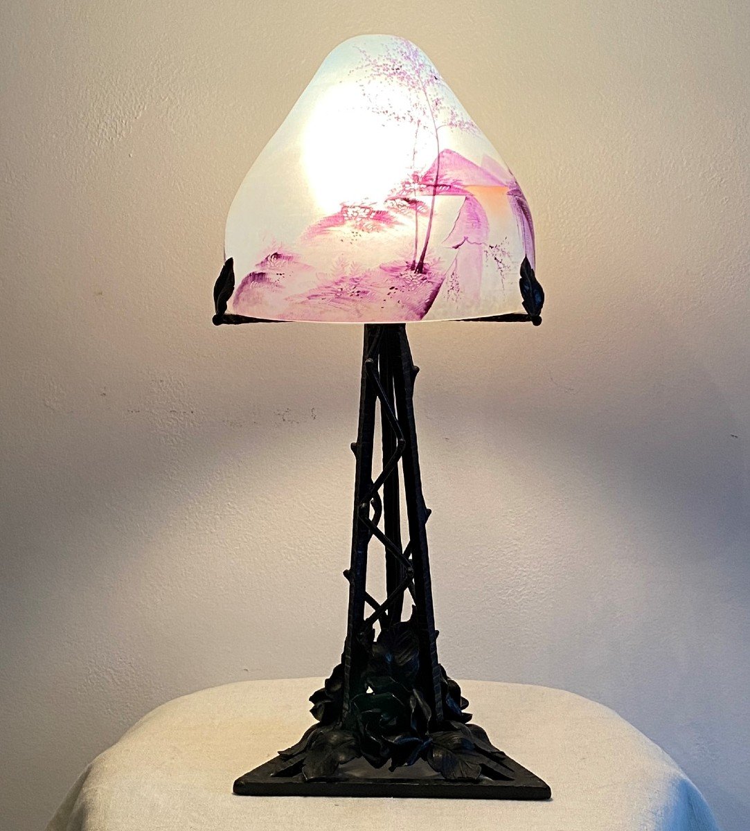 Art Deco Wrought Iron Lamp And Painted Glass Dome Twentieth Century