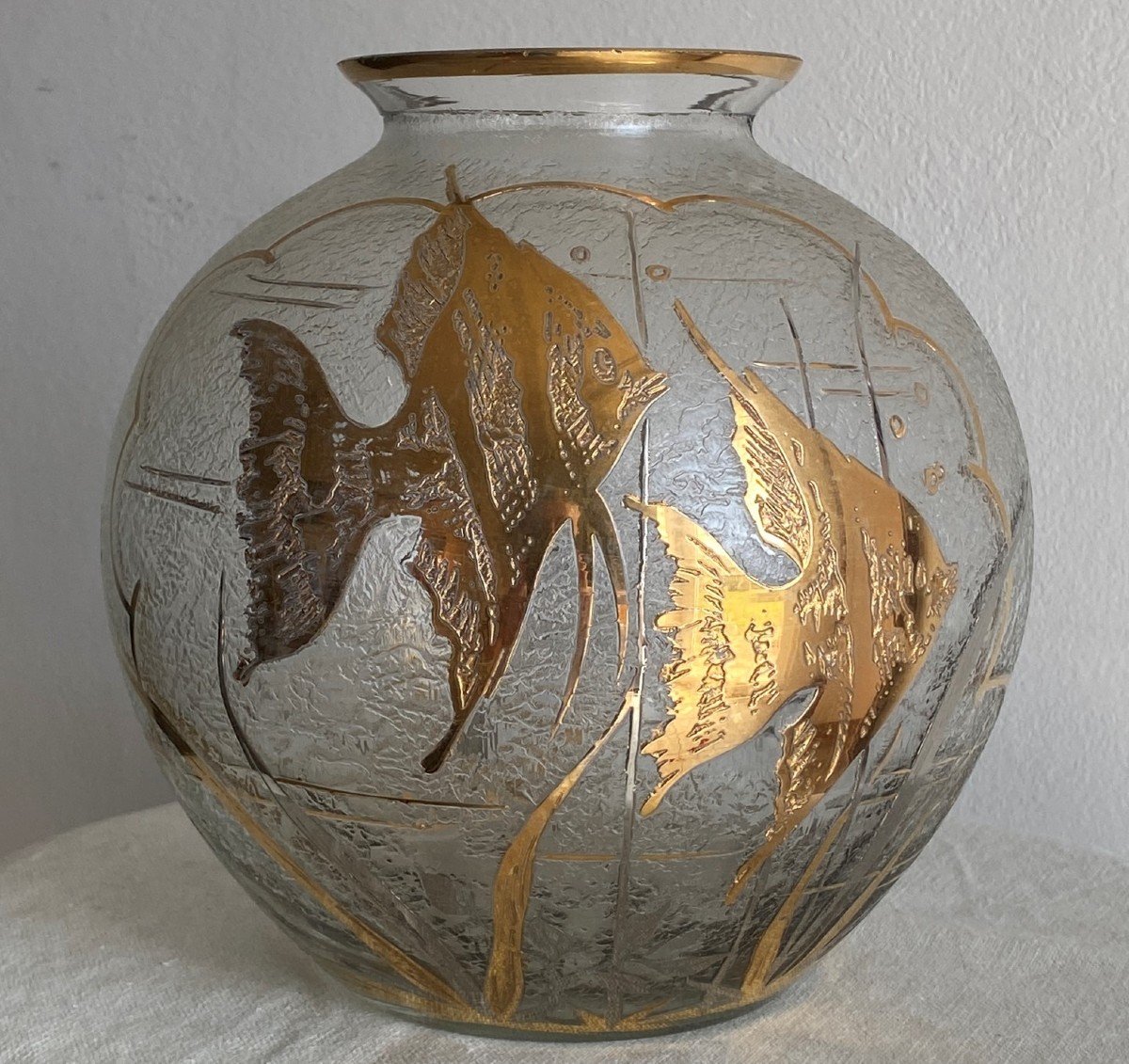 Adat Vase In Glass Enhanced With Gold And Silver With Fish Art Deco Twentieth