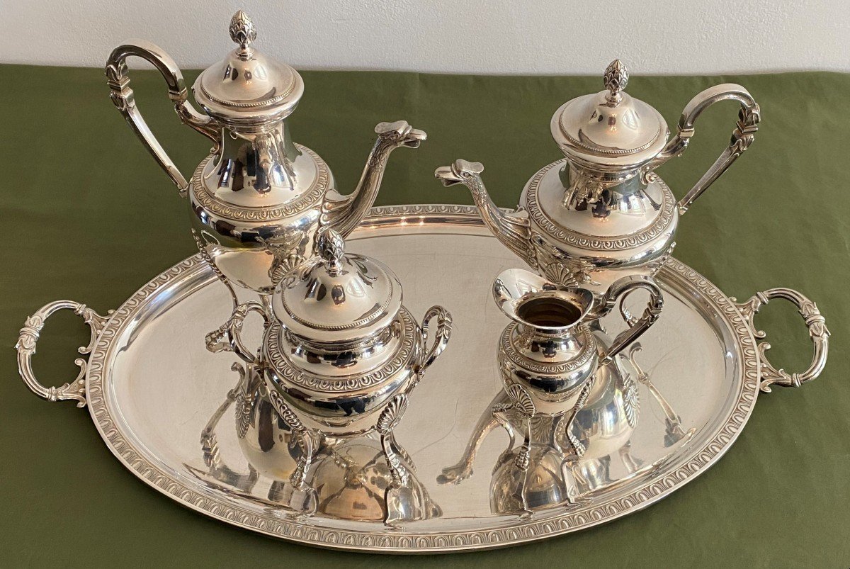 Coffee And Tea Service 5 Pieces In Silver Metal Empire Style XIX