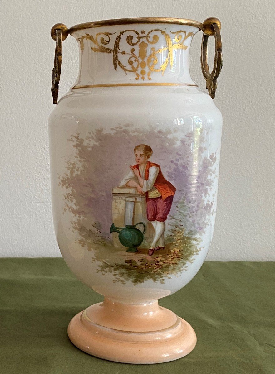 Paire De Vases En Opaline Cerclés De Bronze Et Rehaussé d'Or  XIX ème-photo-3