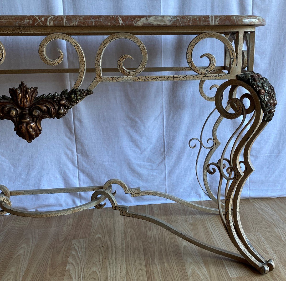 Large Wrought Iron Console Louis XV Style Marble Top Twentieth-photo-5