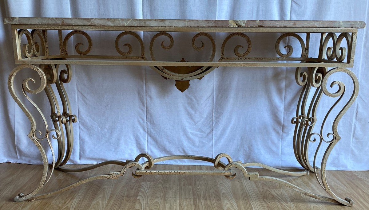 Large Wrought Iron Console Louis XV Style Marble Top Twentieth-photo-6