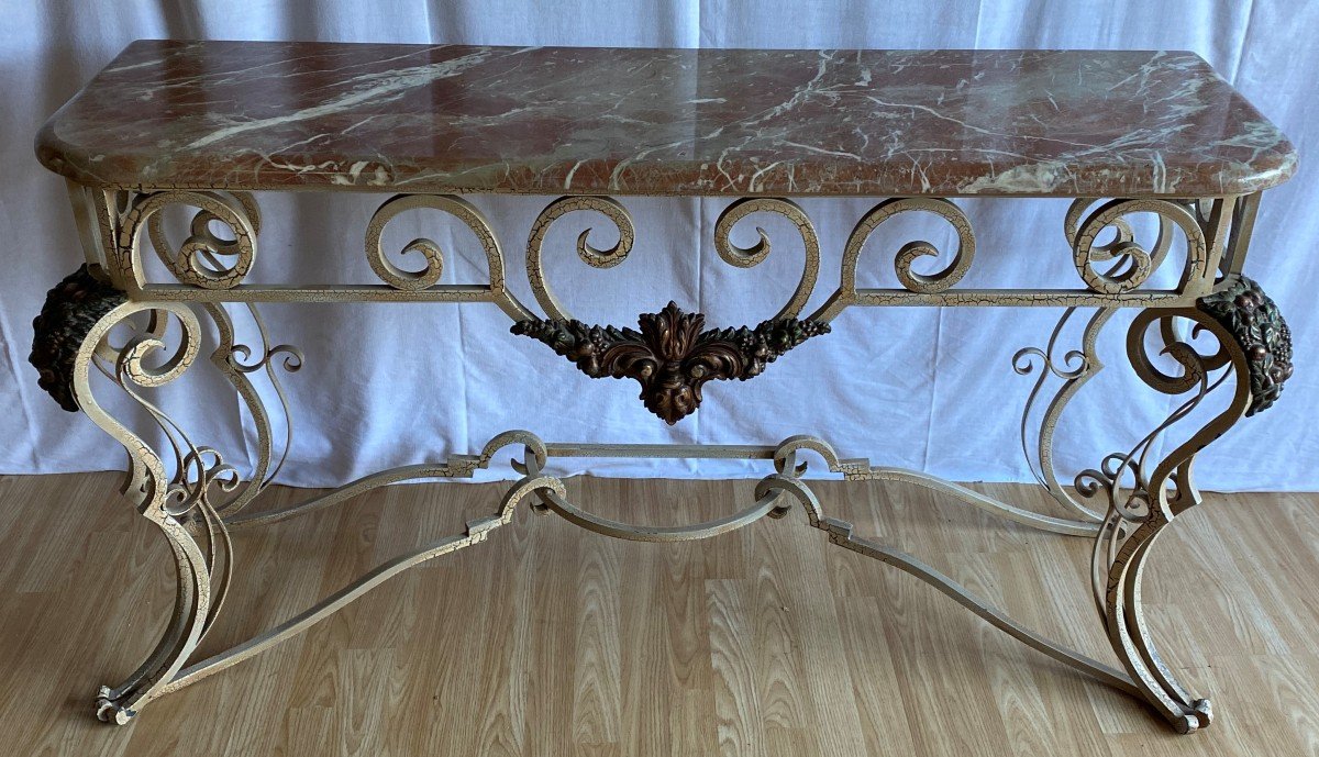 Large Wrought Iron Console Louis XV Style Marble Top Twentieth