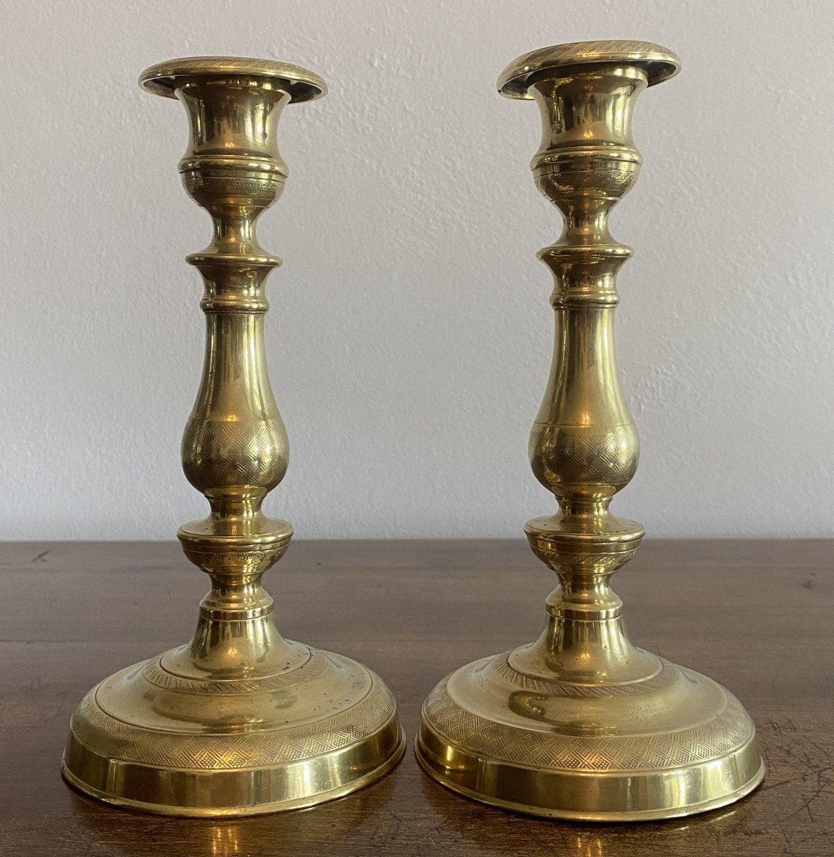 Pair Of Chiseled Bronze Candlesticks, 19th Century Restoration Period