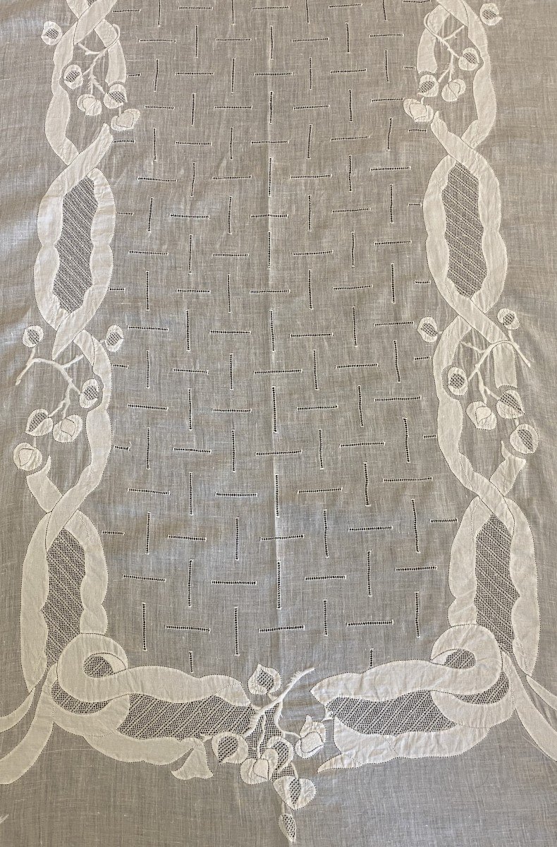 Large Wedding Or Reception Tablecloth And Its 12 Embroidered Linen Thread Napkins Early XX-photo-1