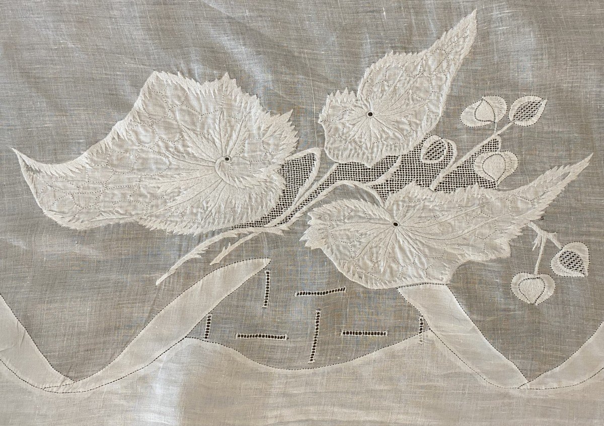 Large Wedding Or Reception Tablecloth And Its 12 Embroidered Linen Thread Napkins Early XX-photo-2