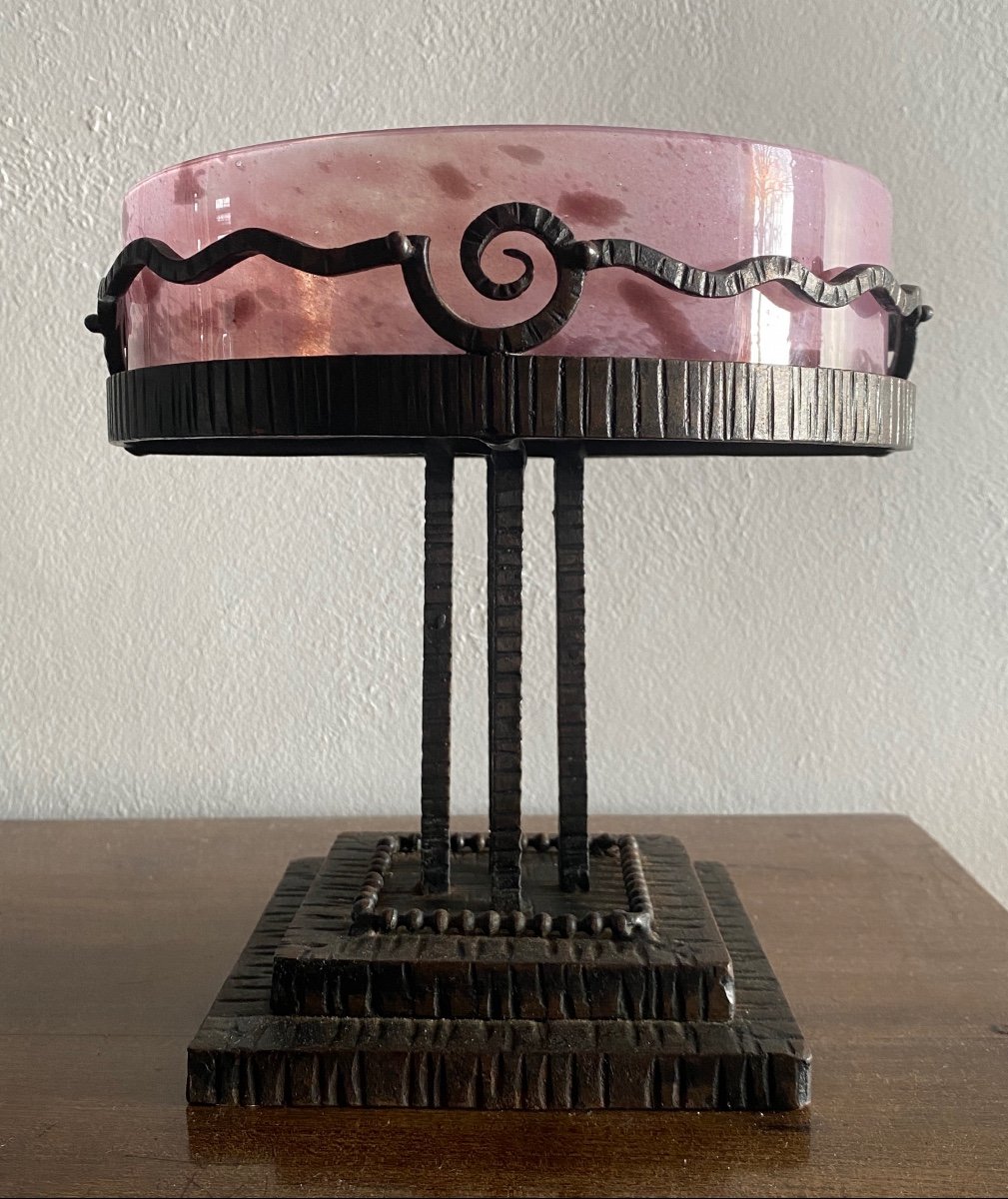  Coupe Ou Centre De Table En Fer Forgé Et Verrerie Art Déco XX ème. -photo-2