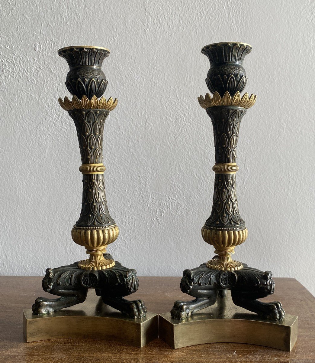 Paire De Bougeoirs En Bronze d'époque Empire Ciselé à Deux Patines XIX ème-photo-4