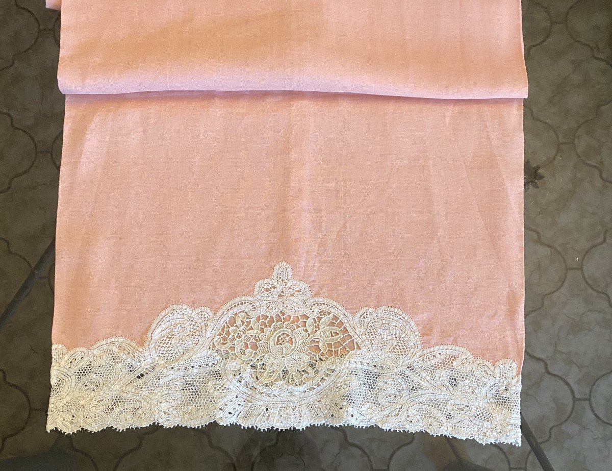 Keychain Sheet And Its Bolster In Pink Linen Thread Lace Decorated With Flowers 19th Century-photo-6