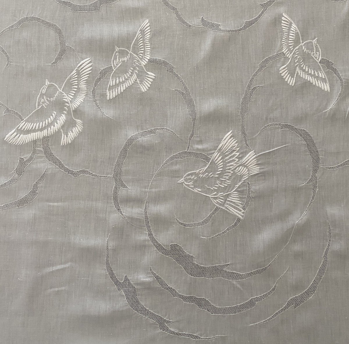 Large Linen Thread Tablecloth Embroidered Birds And Clouds Early XX