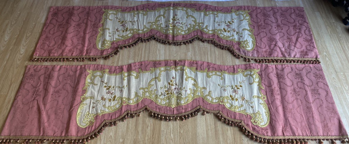 Pair Of Pink Valance With Flowered Basket 19th-photo-2