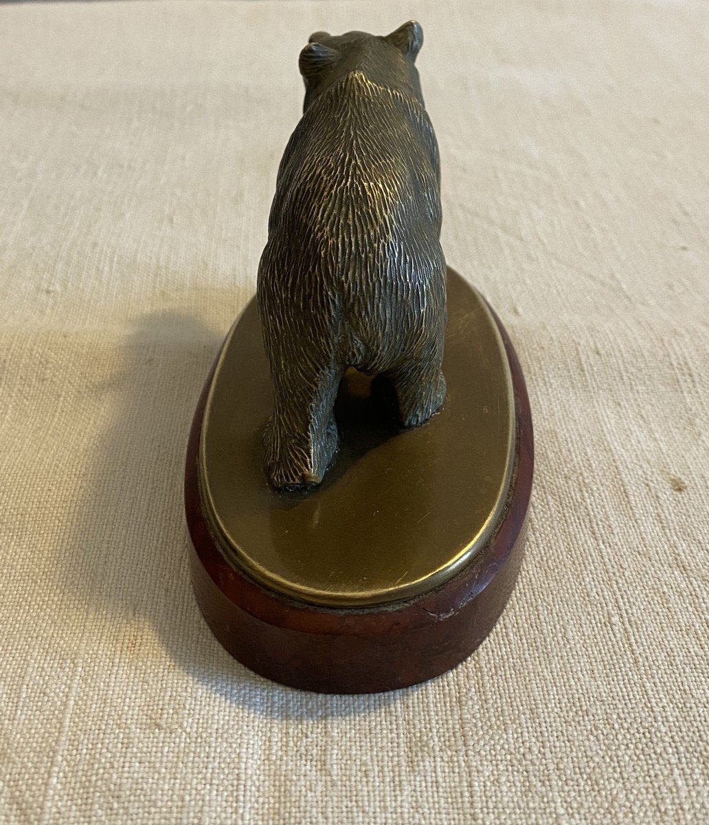 Animal Sculpture Of A Bronze Bear On Marble Base 19th Century  -photo-1