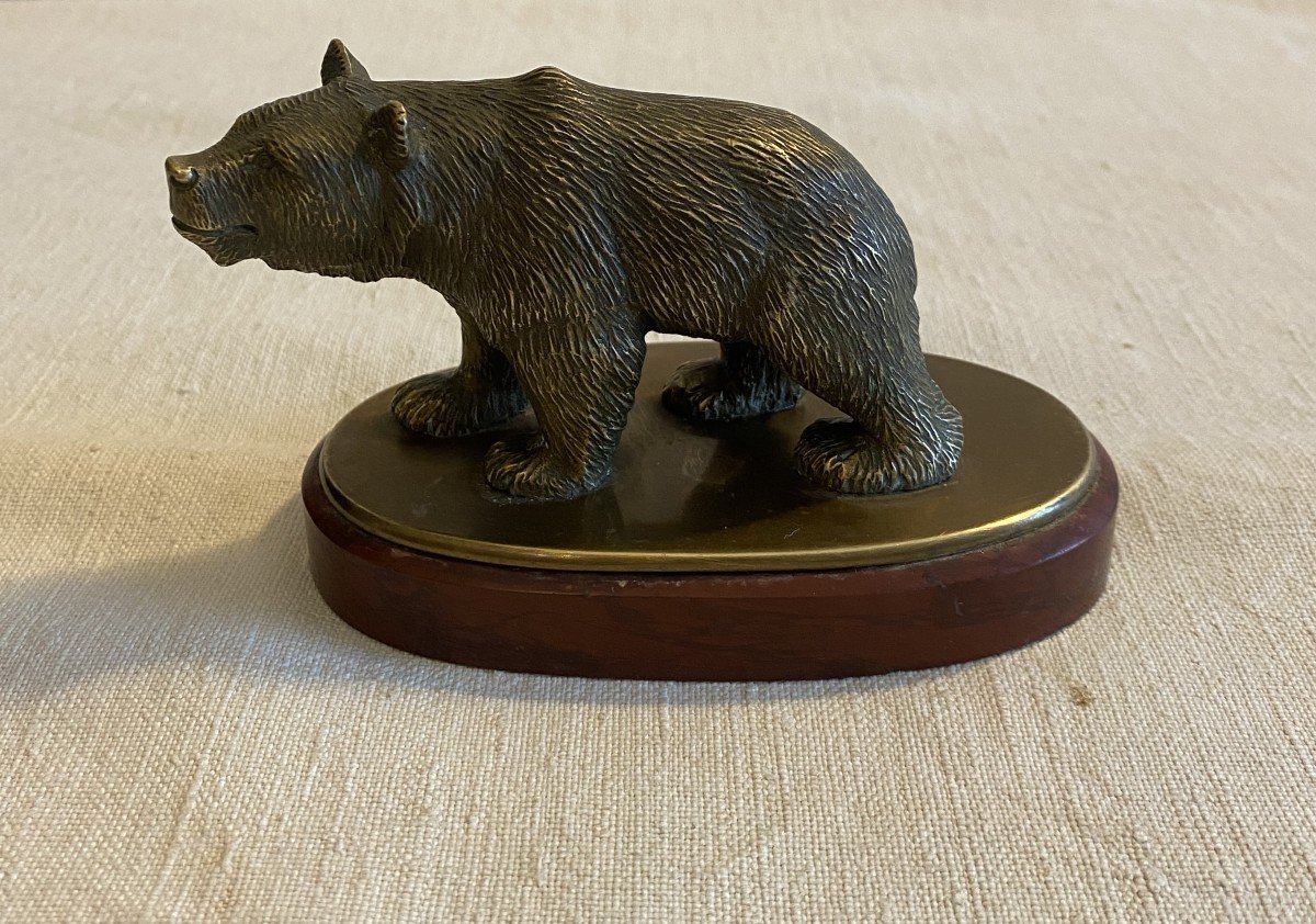 Animal Sculpture Of A Bronze Bear On Marble Base 19th Century  -photo-2