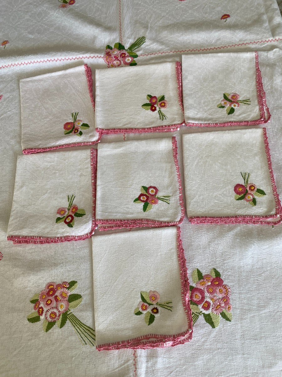Tablecloth And Its 7 Linen Towels Decorated With Bouquets Of Embroidered Flowers Nineteenth-photo-2