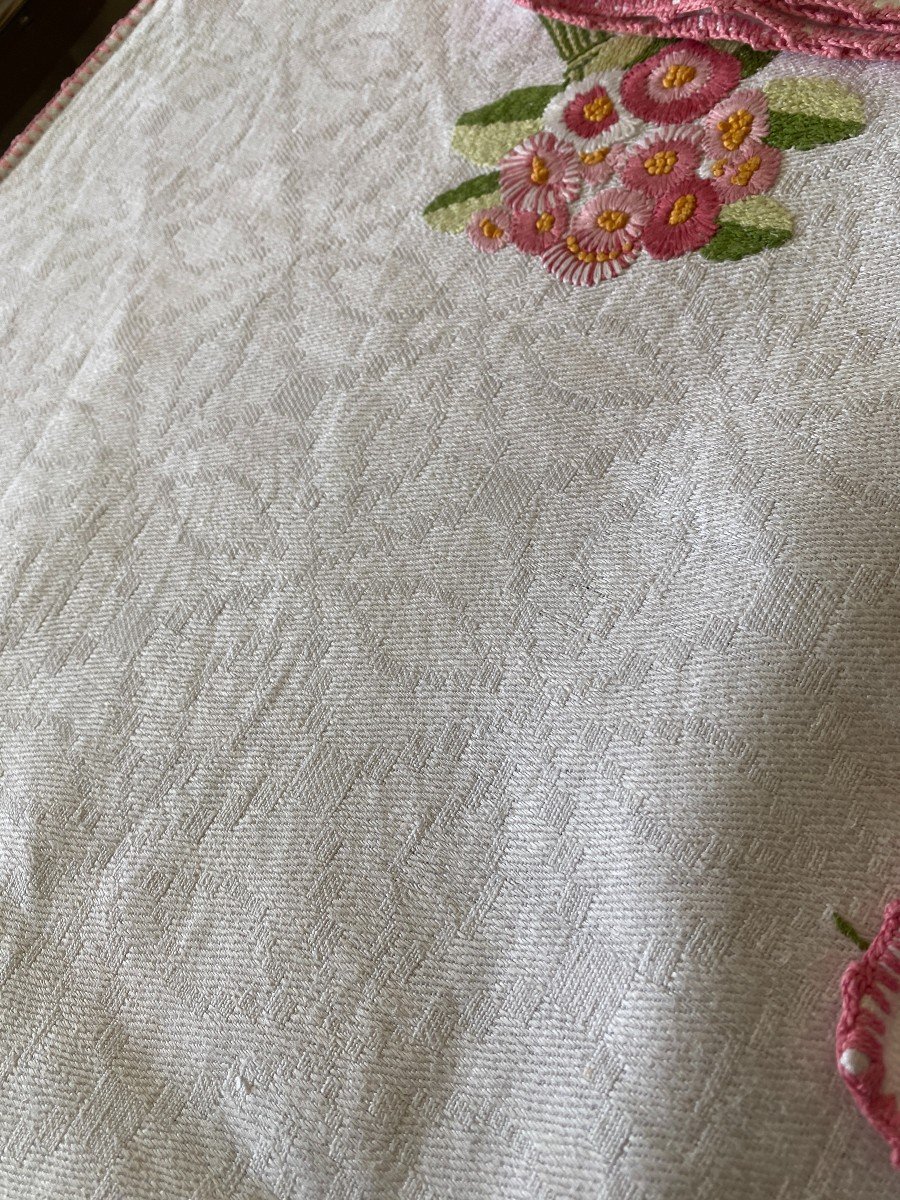 Tablecloth And Its 7 Linen Towels Decorated With Bouquets Of Embroidered Flowers Nineteenth-photo-4