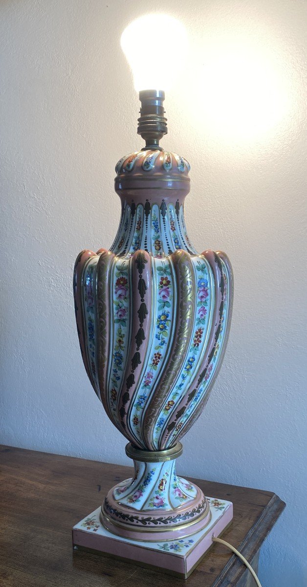 Large Porcelain Lamp From Paris Decorated With Flowers 19th-photo-2