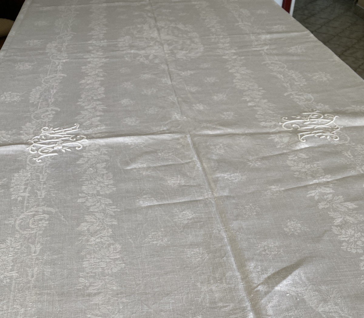 Grande Nappe Damassée Sur Le Thème De La Chasse à Courre Monogrammée Ml XIX ème-photo-3