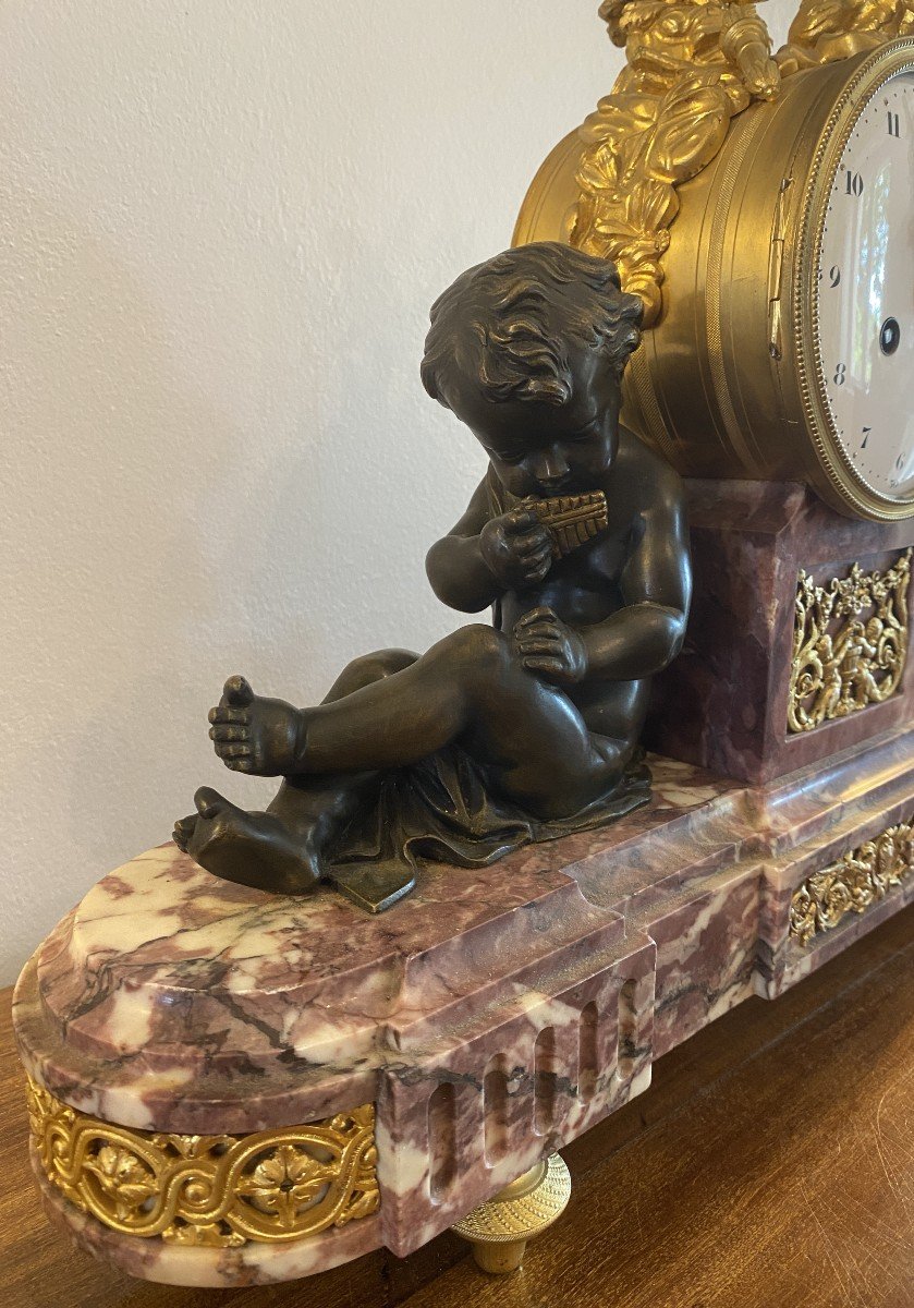 Bronze And Marble Mantel Clock Or Mantelpiece With Its Candlestick Cassolettes, 19th Century-photo-3