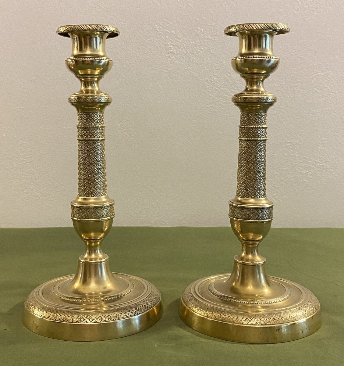 Pair Of 19th Century Restoration Period Chiseled Bronze Candlesticks