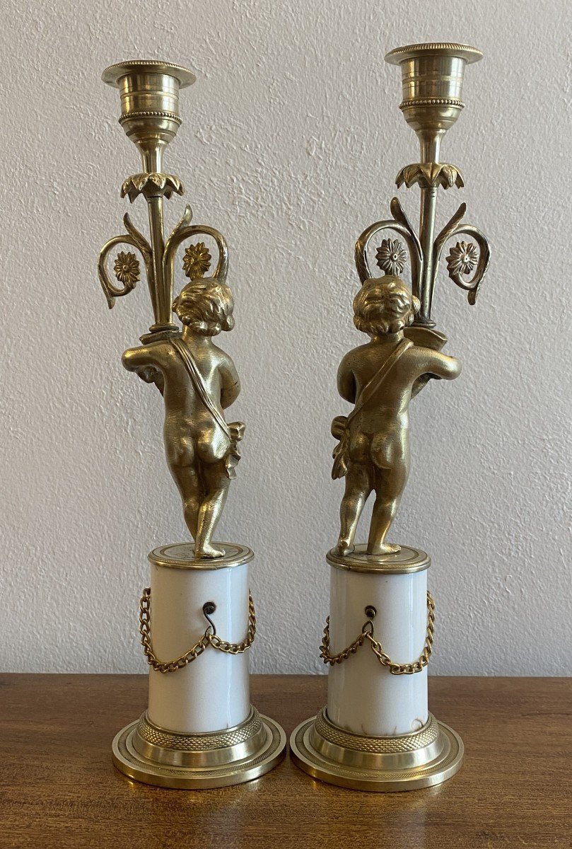 Pair Of Louis XVI Candlesticks Or Candle Holders With Putti In Gilt Bronze, 18th Century-photo-1