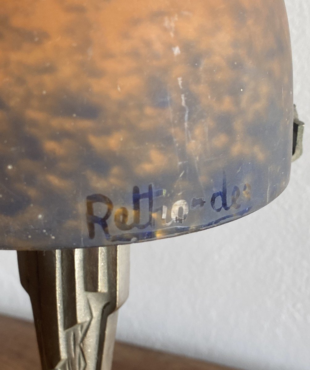 Lampe Art Déco Signée Rethondes en Bronze Argenté Et Pâte De Verre XX ème-photo-3
