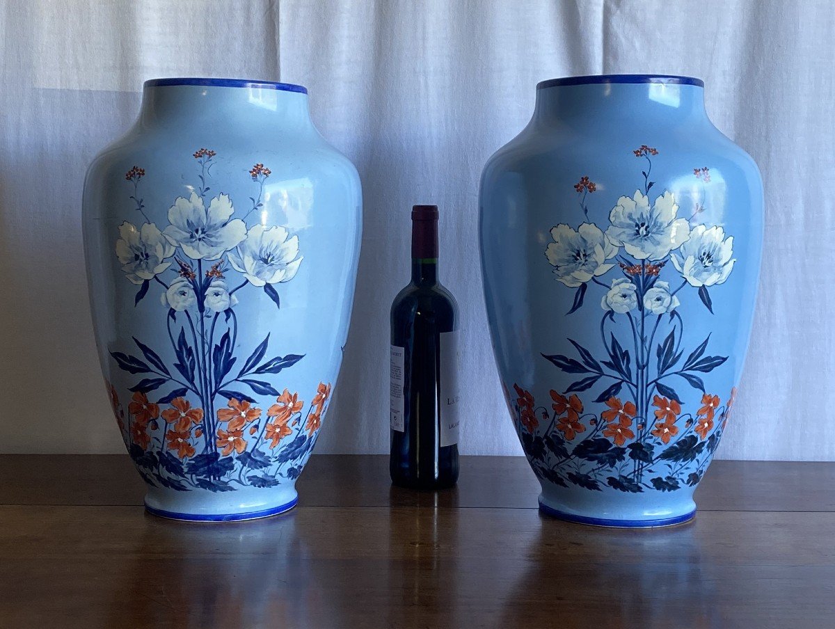 Pair Of Limoges Porcelain Vases With Flower Decor, 20th Century