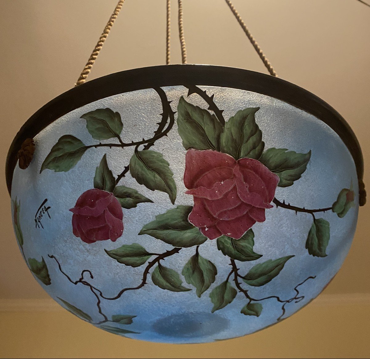 Art Nouveau Suspension Or Chandelier Basin Etched With Acid Nancea 20th Century-photo-2