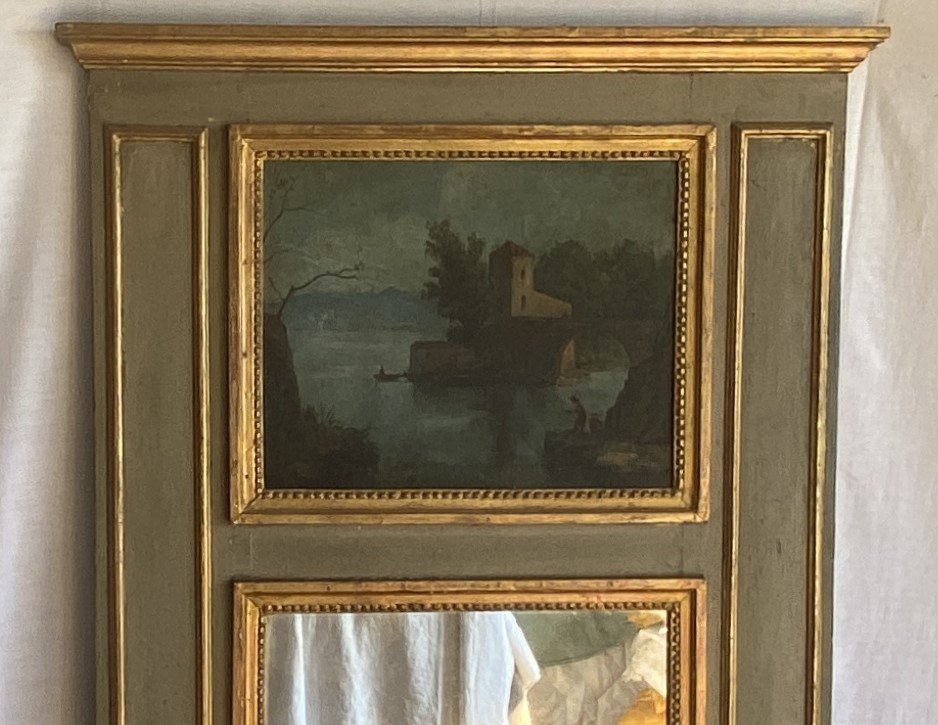 Louis XVI Trumeau In Carved, Painted And Gilded Wood, Painting With Fishermen Decor, 18th Century-photo-2
