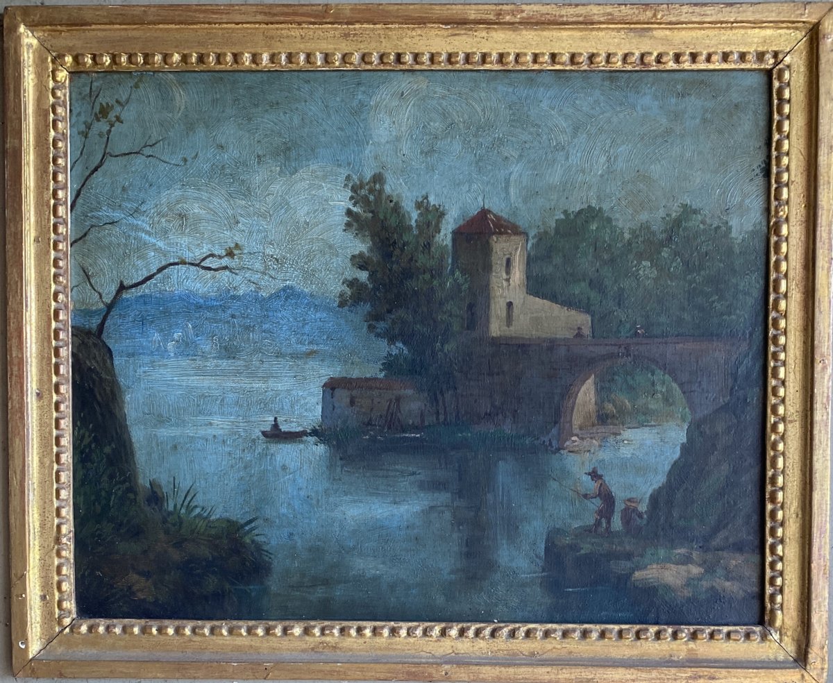 Louis XVI Trumeau In Carved, Painted And Gilded Wood, Painting With Fishermen Decor, 18th Century-photo-4