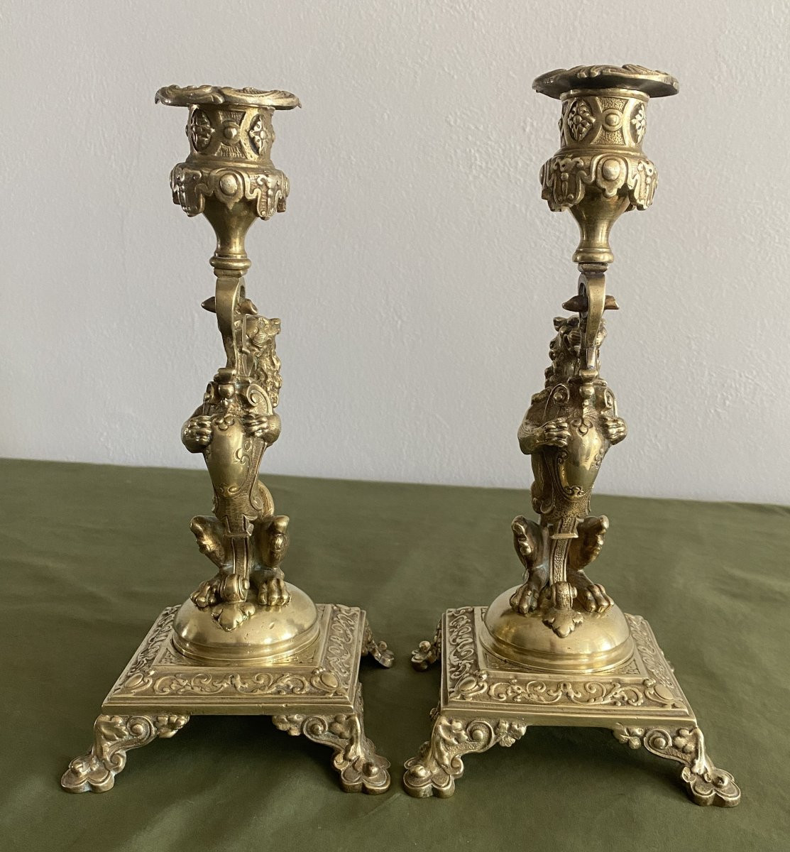 Pair Of Gilt And Chiseled Bronze Candlesticks With Lion Decor, 19th Century-photo-1