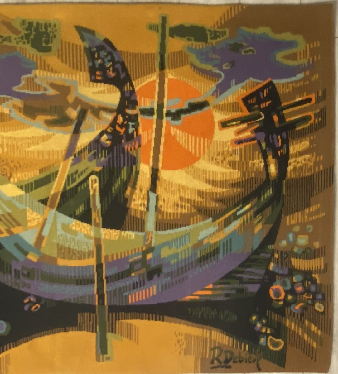 Debieve Robert Aubusson Tapestry In Wool "barques In Aveiro" 20th Century-photo-3