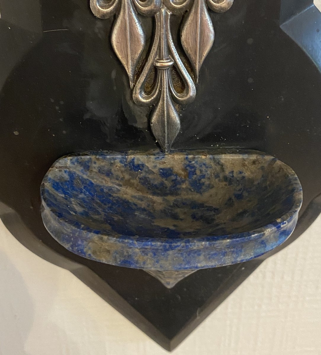Grand Bénitier Piéta de J C Sanson en marbre, Lapis lazuli et Métal argenté XIX ème -photo-1